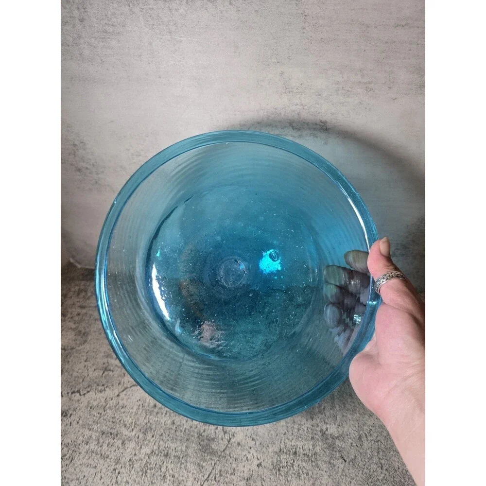 RARE 10” Blown Aqua Blue Glass Shallow Bowl With  Optic Swirl/Folded Rim Vintage